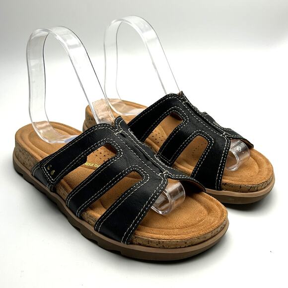 Clarks Black Leather Comfort Slide Sandals Women’s 8 Cushioned Adjustable Strap - Picture 1 of 9